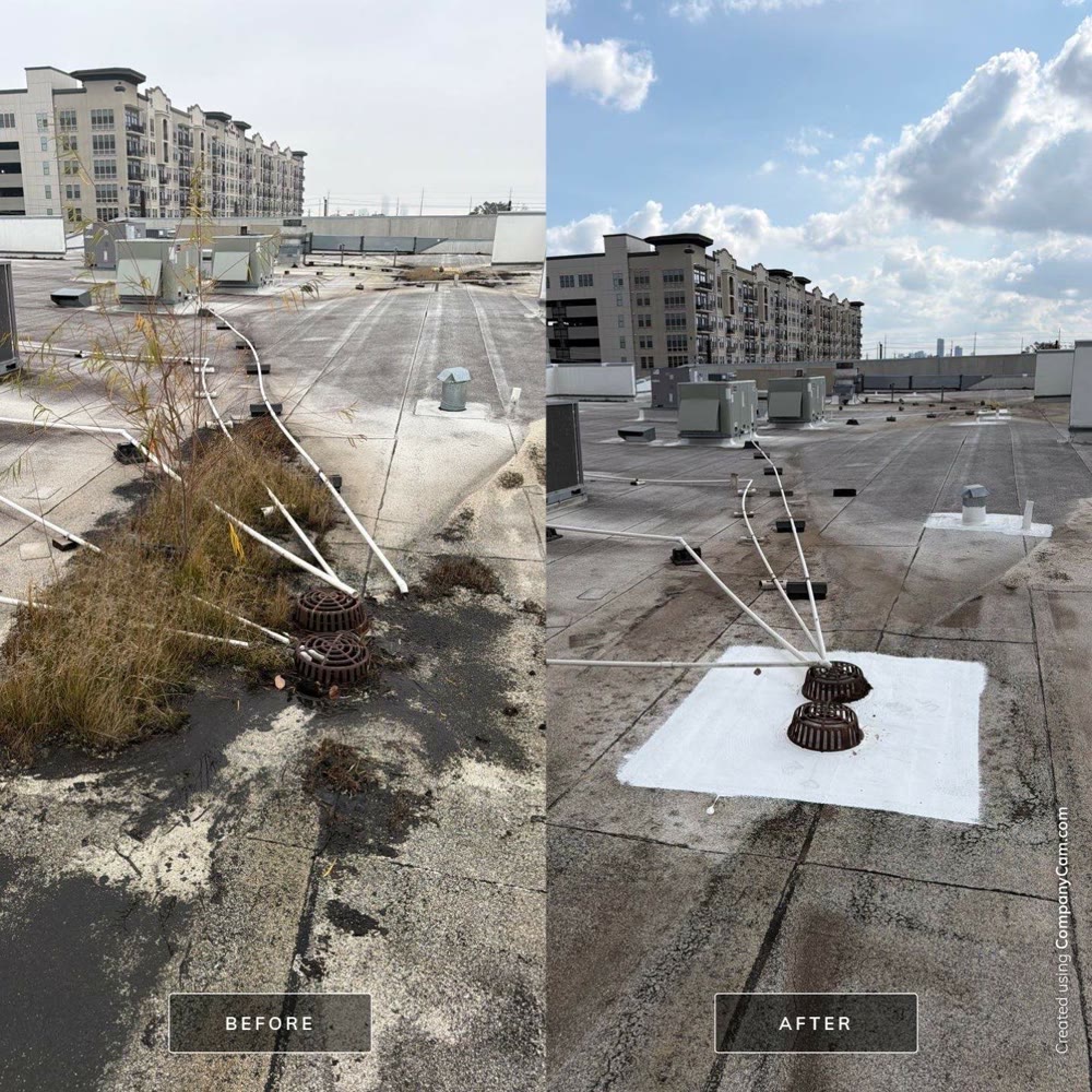 Before and after roof drain cleaning and coating